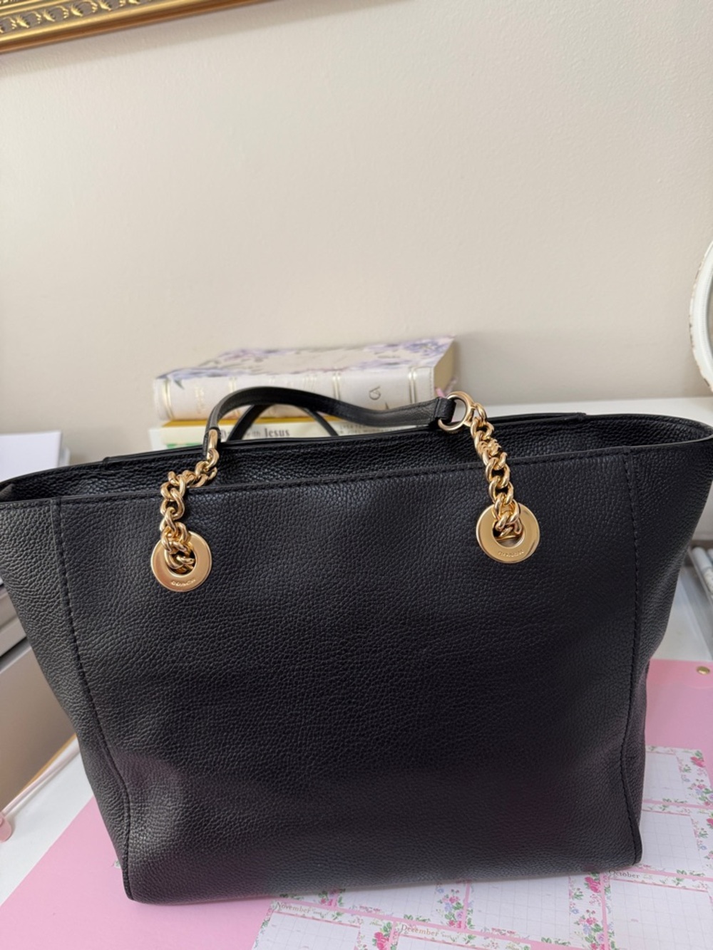 Coach Black Leather Tote with Gold Chain Handles - Picture 2 of 15